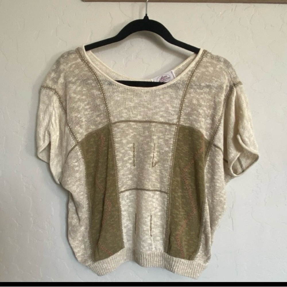 Alain Martinière Beige Olive Colorblock Knit Pullover Sweater Short Sleeve